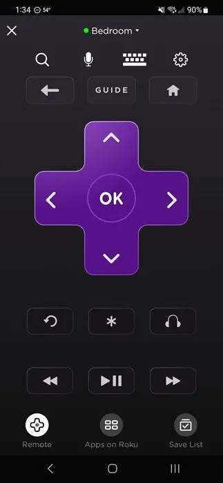 Il telecomando virtuale dell'app mobile Roku da utilizzare al posto di un telecomando fisico.