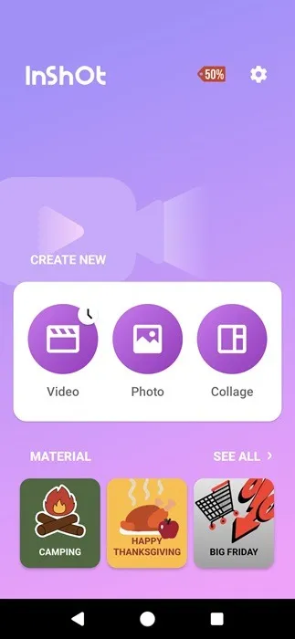 Vista de la pantalla principal en la aplicación InShot.
