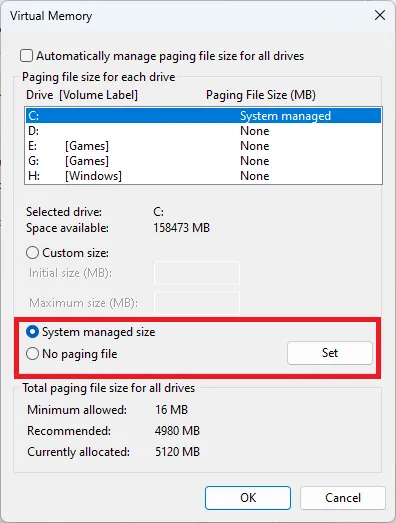 Cambia la dimensione e la posizione del file di paging Windows Cambia la posizione del file di paging