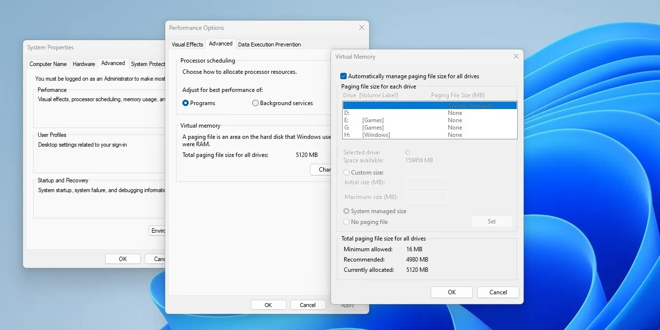 Captura de tela da área de trabalho do Windows 11 mostrando configurações de memória virtual e arquivo de paginação