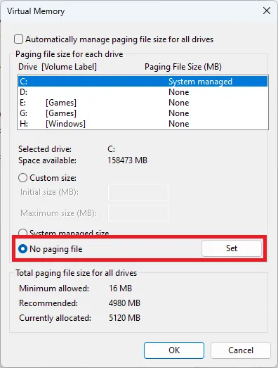 ページファイルのサイズと場所を変更する Windows ページング ファイルがない