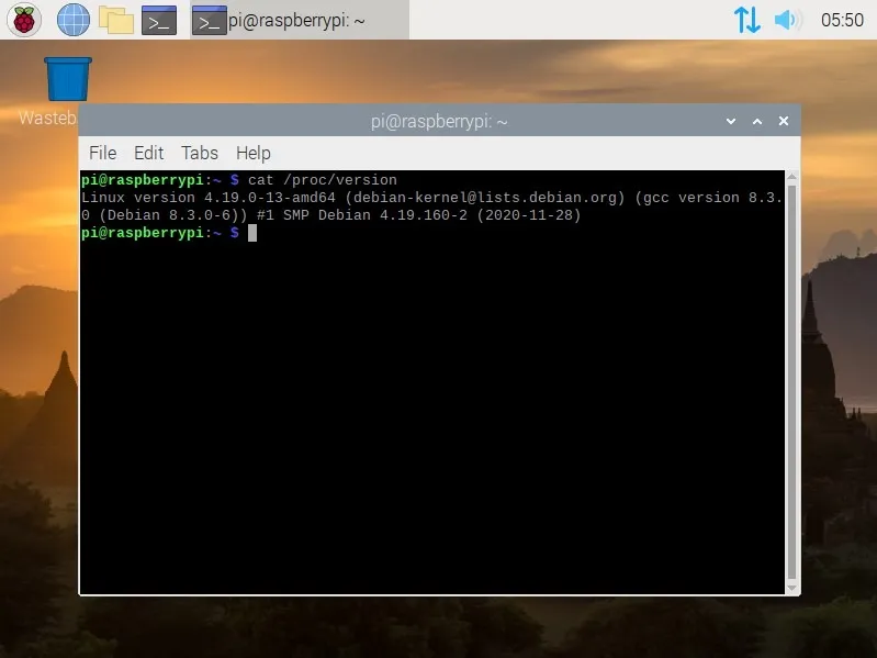 Screenshot des Raspberry Pi-Desktops mit einem Terminalfenster