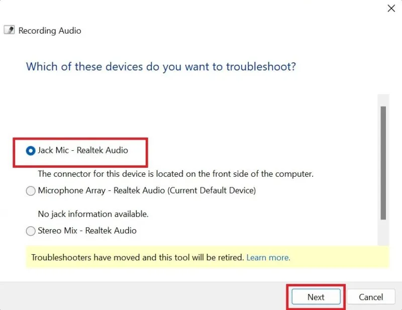 Selezione del dispositivo per la risoluzione dei problemi dalla finestra Registrazione audio.
