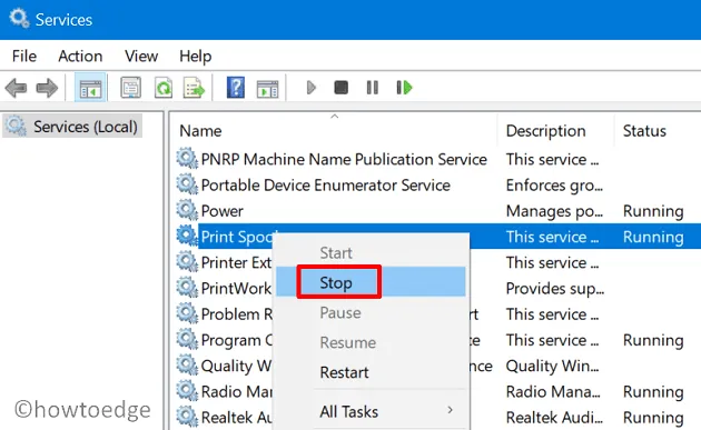 Borrar cola de impresora en Windows 10: detener el servicio de cola de impresión