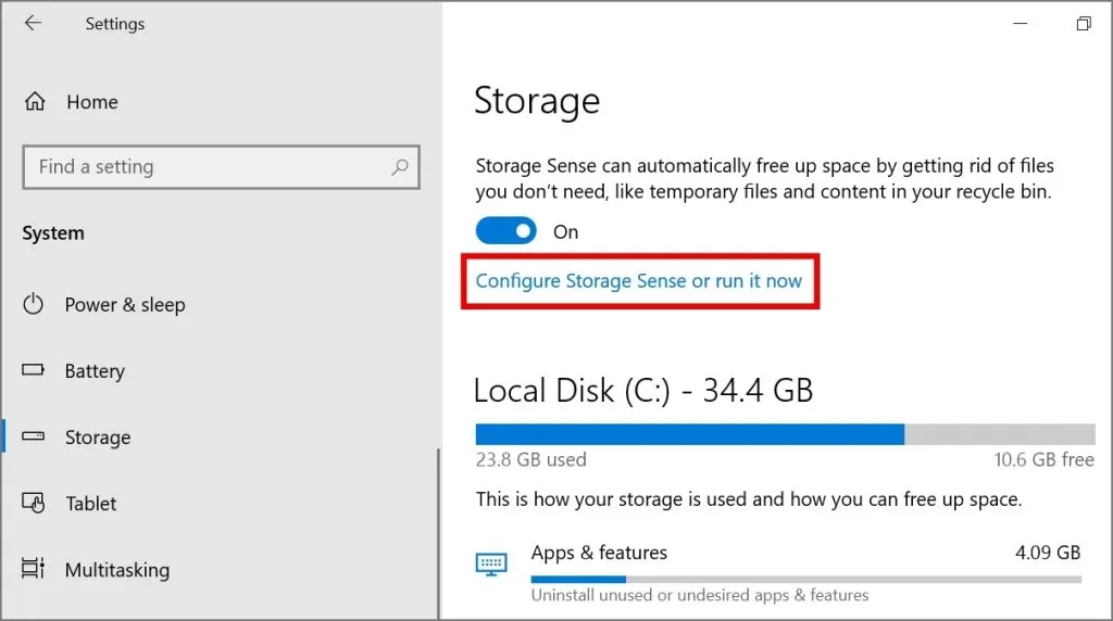 Klicken Sie auf den Link „Storage Sense konfigurieren oder jetzt ausführen“.
