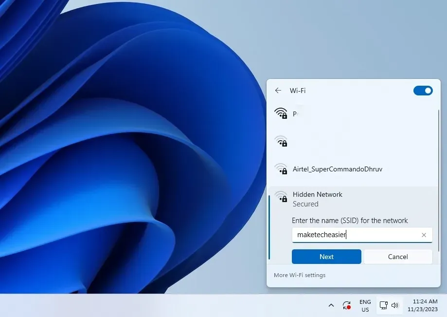 Capture d'écran des réseaux Wi-Fi sous Windows 11