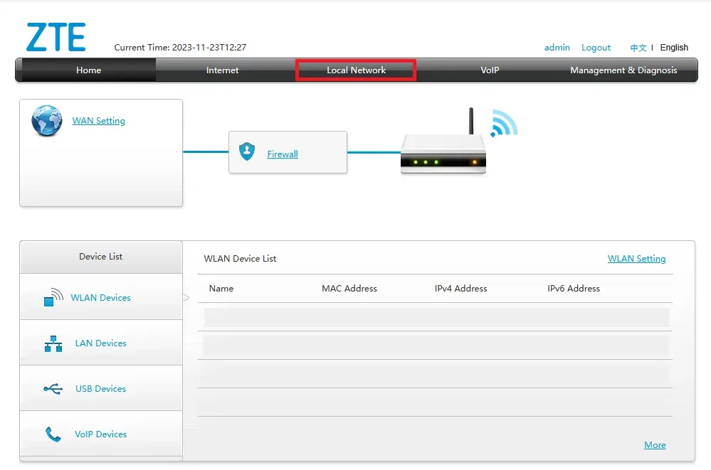 Screenshot delle impostazioni Wi-Fi del router, Rete locale
