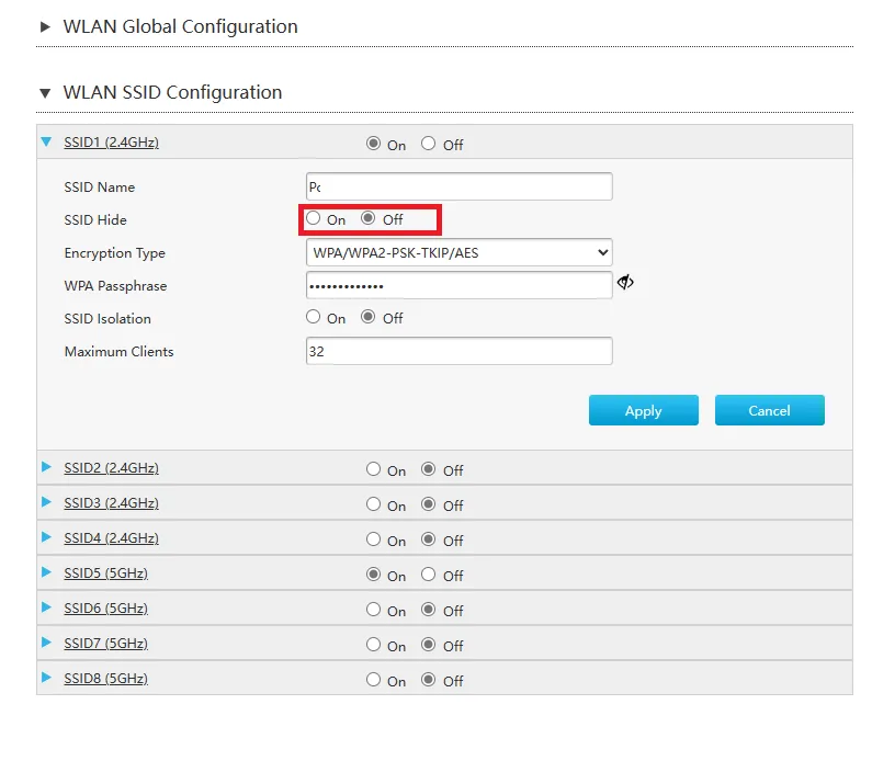 Configuration du SSID WLAN Masquer le SSID