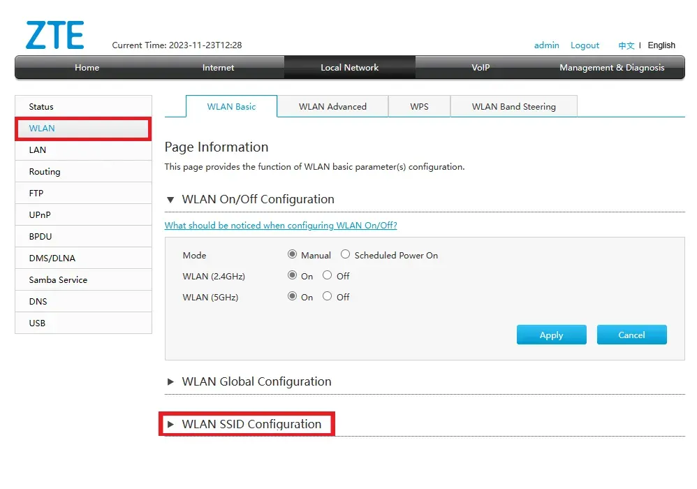 Captura de tela das configurações de Wi-Fi do roteador, configuração WLAN SSID