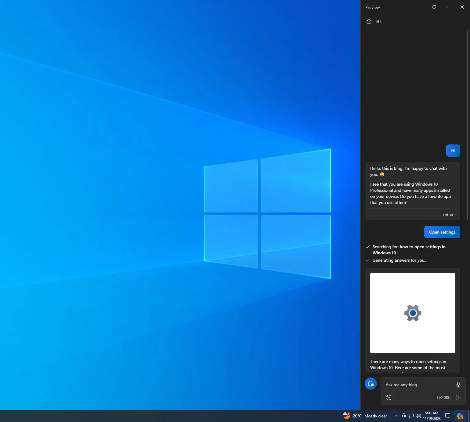 Fenêtre Copilot sous Windows 10
