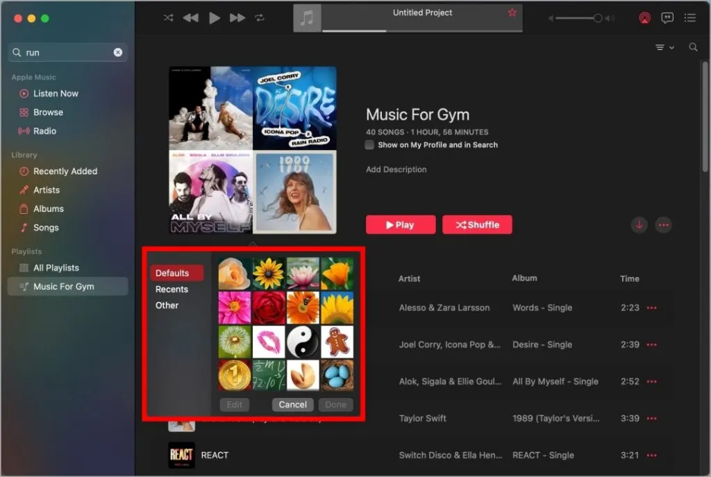 opzioni per la copertina della playlist su mac
