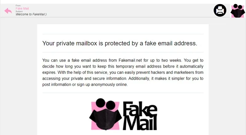Exemple d'e-mail dans la boîte de réception FakeMail.