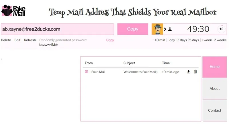 Fenêtre de création d'e-mails temporaires de FakeMail.