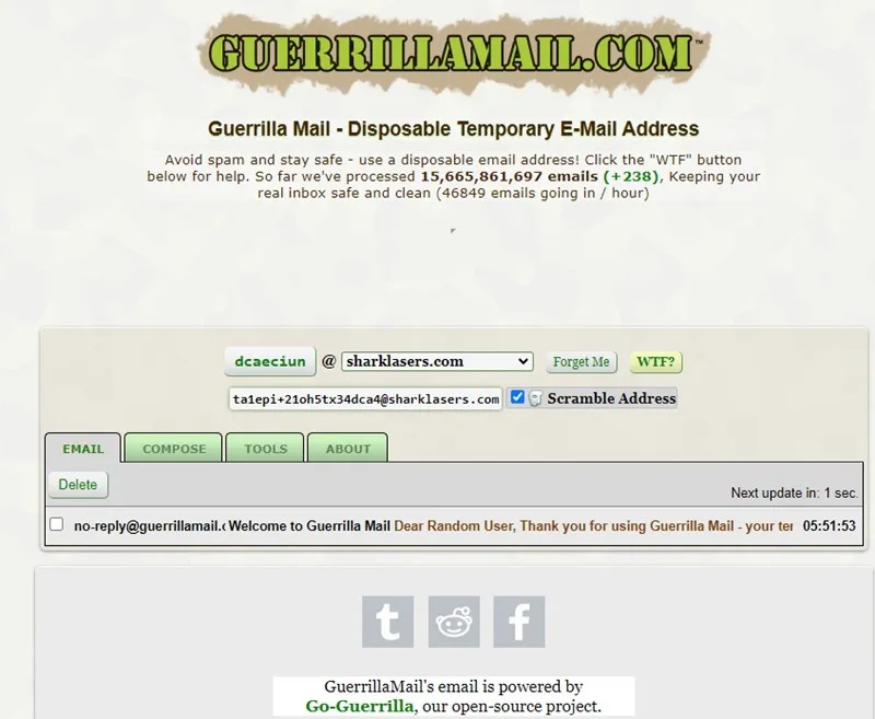 A página principal do GuerrillaMail para criar um e-mail descartável.