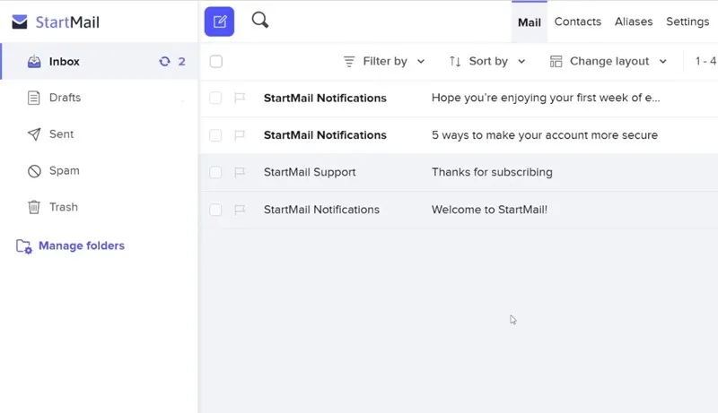 Boîte de réception de StartMail pour les messages normaux.