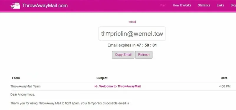 Página da caixa de entrada do ThrowAwayMail e e-mail gerado.