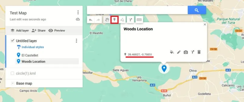 Druk op de Marker-knop om een ​​aangepaste locatie toe te voegen aan Google My Maps.