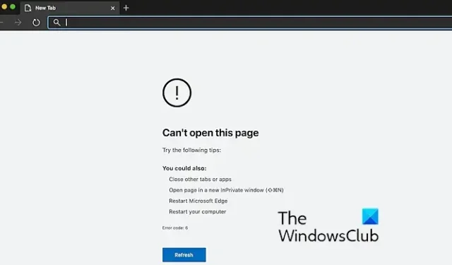 Código de erro Edge 6, não é possível abrir esta página no Mac