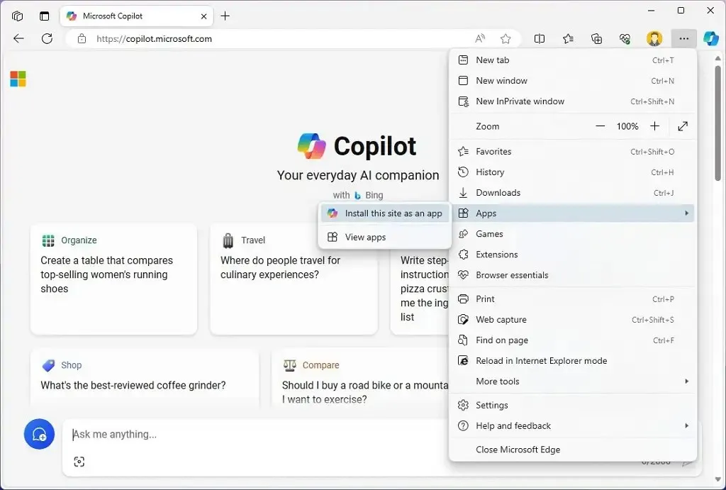 Microsoft Edge 將 Copilot 安裝為應用程式