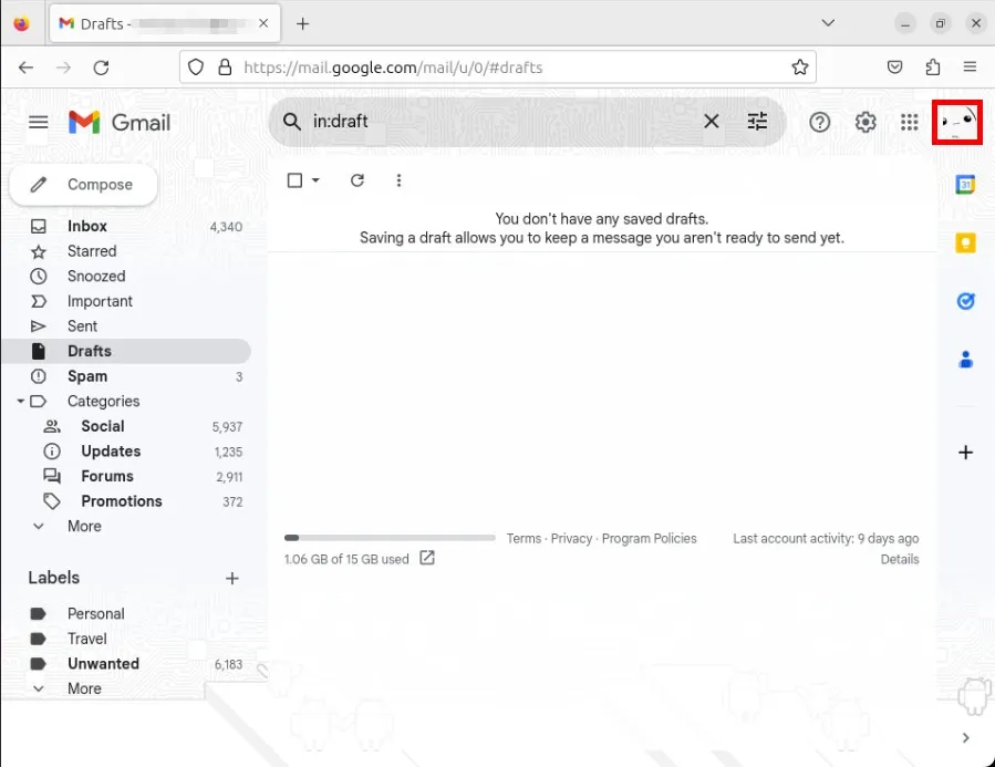 Una captura de pantalla que resalta el icono de usuario en la página web de Gmail.