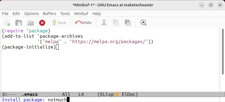 Uno screenshot che mostra le informazioni sul repository MELPA per la posta elettronica in Emacs.