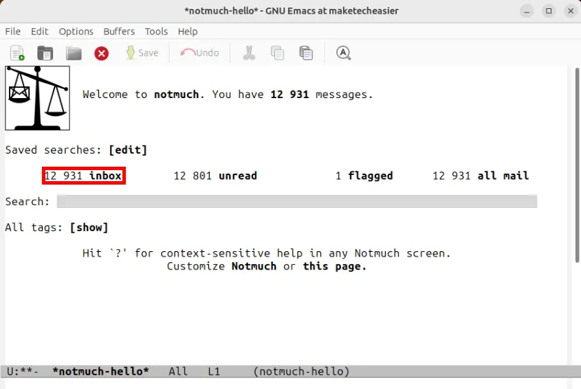 Ein Screenshot, der das Notmuch-E-Mail-Frontend in Emacs zeigt.