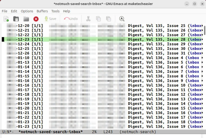 Una captura de pantalla que muestra una lista de correo electrónico reducida en Emacs.
