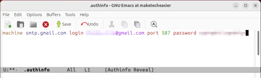 Uno screenshot che mostra un esempio di credenziali per la posta elettronica in Emacs.