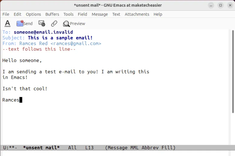 顯示在 Emacs 中使用 SMTP sendit 的範例電子郵件的螢幕截圖。
