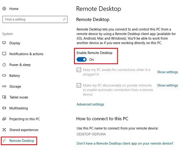 Habilite e use a conexão de área de trabalho remota no Windows 10