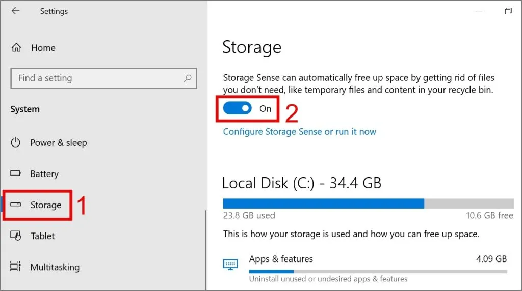 habilite la función Storage Sense en Windows 10