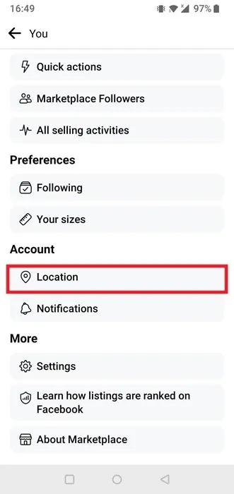 Impostazione della posizione dal menu del profilo nell'app Facebook per Android.