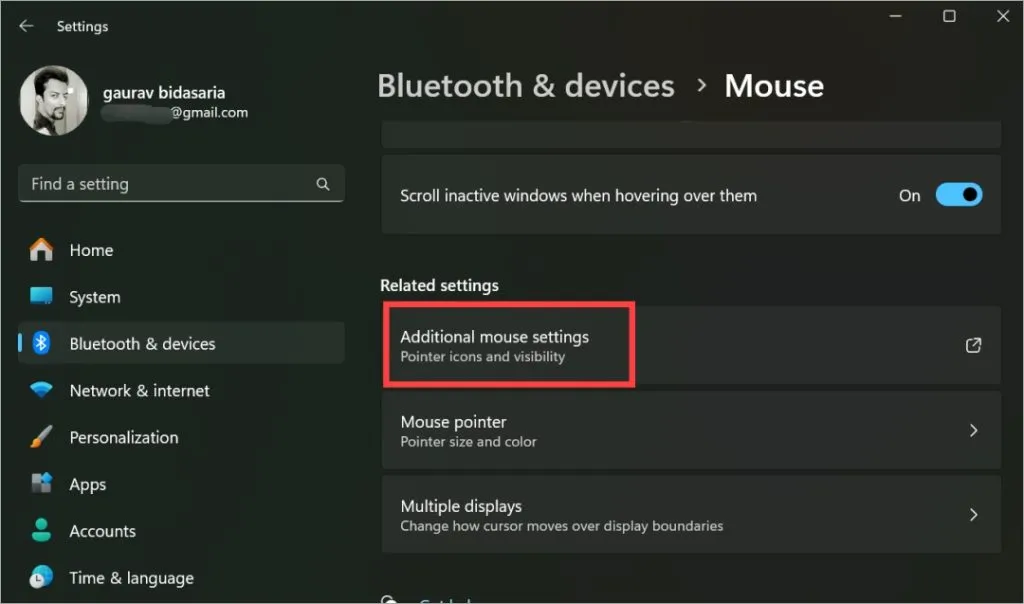 configurações adicionais do mouse nas configurações do Windows