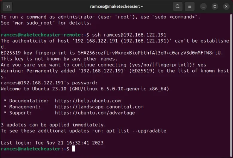 Ubuntu での OpenSSH セッションを表示するターミナル。