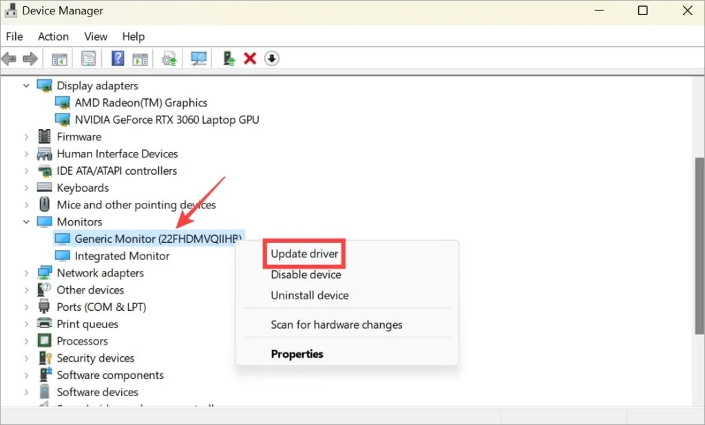 Windows 裝置管理員中的更新驅動程式選項