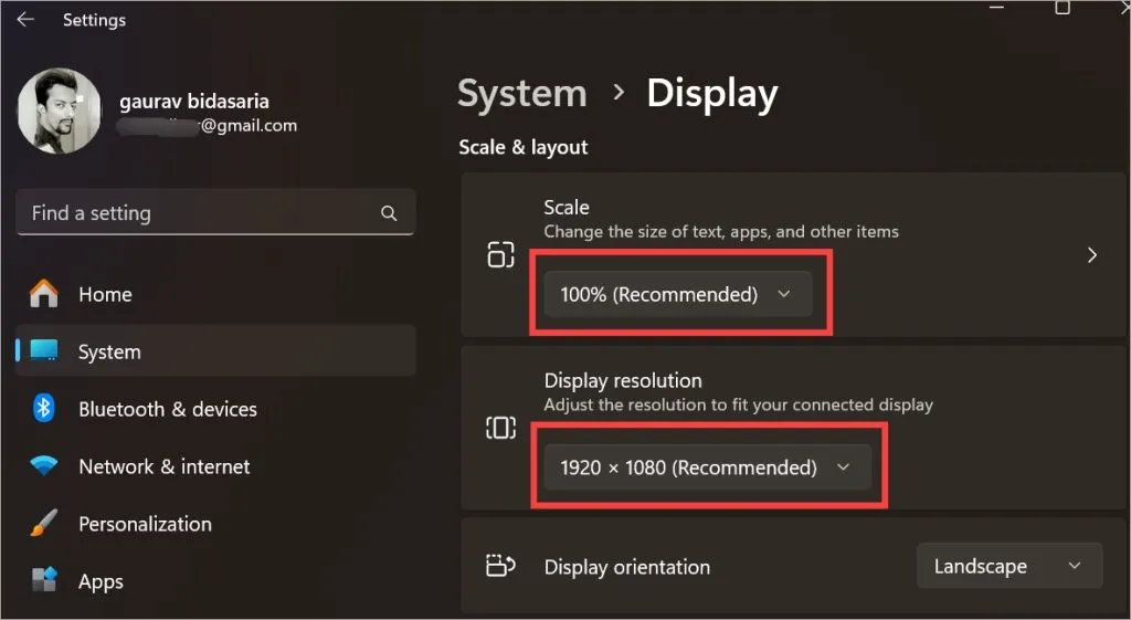 modificare la scala e la risoluzione del monitor esteso su Windows