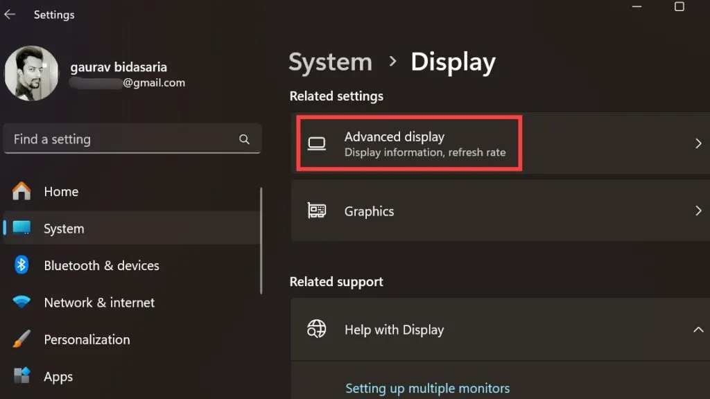 Windows のディスプレイ設定の詳細表示