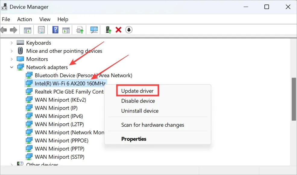 update de stuurprogramma's voor de wifi-adapter in Windows