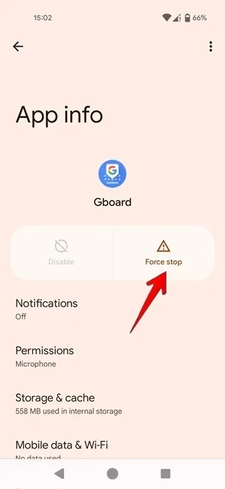 Forza l'arresto dell'app Gboard sul telefono Android.