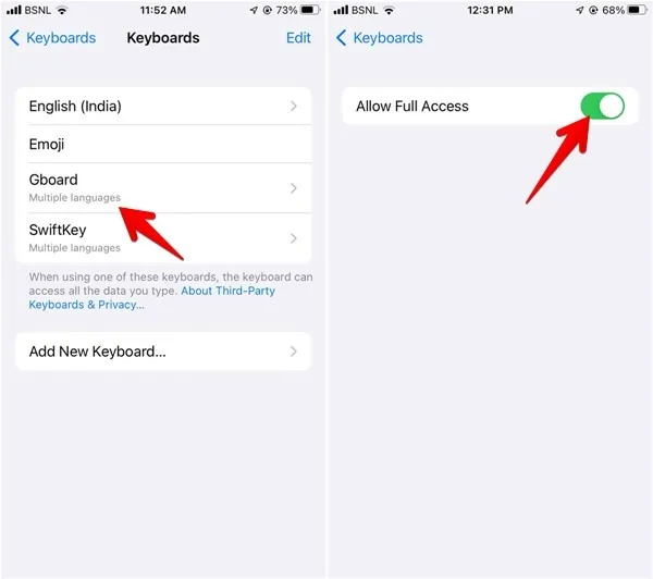 Concessione dell'accesso completo a Gboard sul dispositivo iOS.