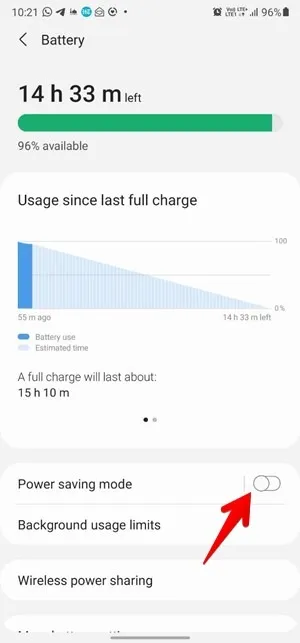 Disattivazione della modalità di risparmio energetico nelle impostazioni della batteria su Android.