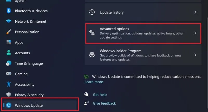 Vai a Windows Update e seleziona Opzioni avanzate.