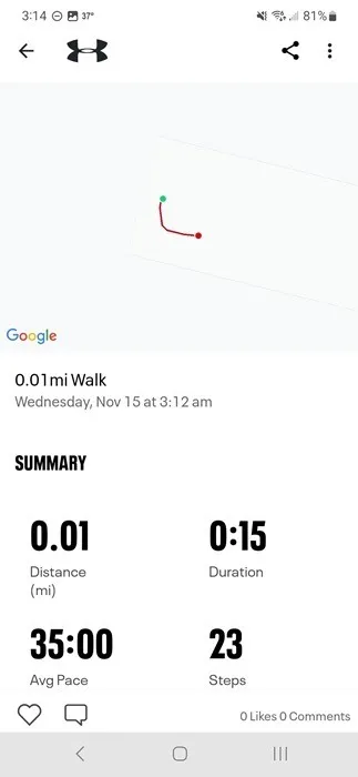 Mostrando a rota no aplicativo Map My Walk.