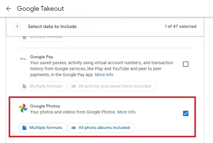 Sélection de Google Photos dans la fenêtre des options de données de Google Takeout.