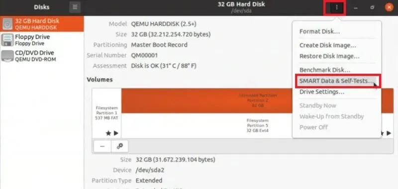 Cómo verificar el estado del SSD en la Utilidad de Discos de Linux