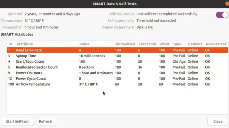 Linux 디스크 유틸리티 테스트 목록에서 SSD 상태를 확인하는 방법