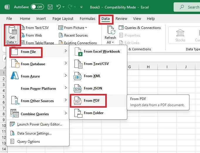 Importando um PDF no Excel usando a opção Obter Dados.