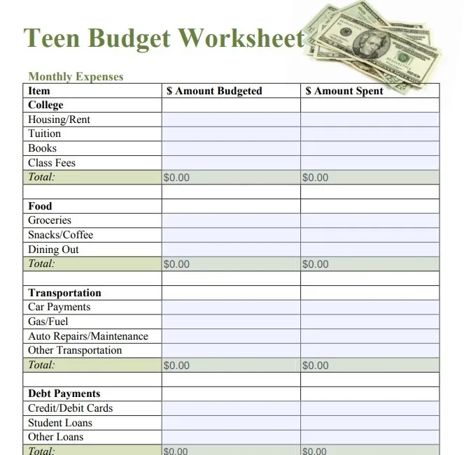 Het tienerbudgetspreadsheet kan als voorbeeld worden gebruikt.