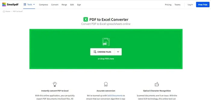 De startpagina van de PDF naar Excel Converter-tool van SmallPDF.