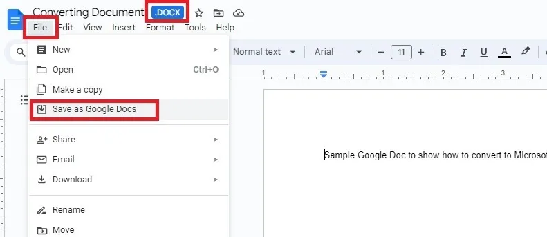 Speichern eines hochgeladenen Word-Dokuments als Google Doc-Datei.